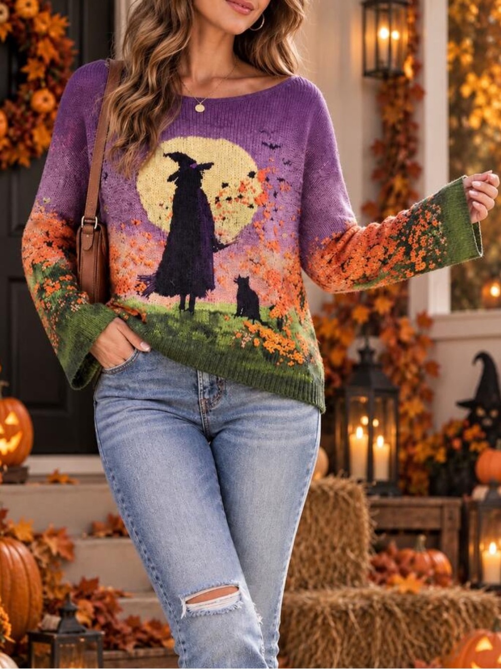 Halloween Knit Sweater with Witch & Cat Motif